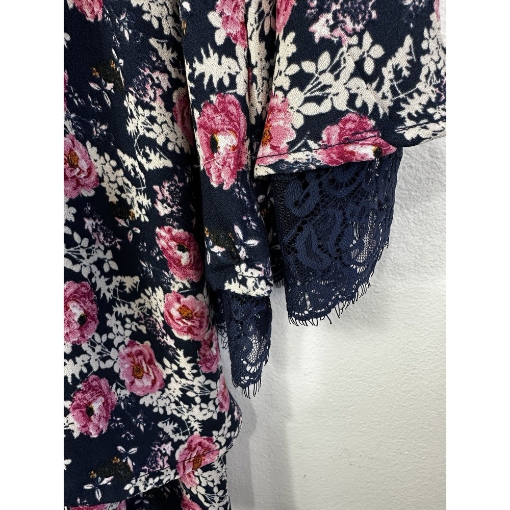 Altar'd State Floral Dress Womens Large Navy Pink Bell Sleeve Smocked Lace Boho - Picture 7 of 10